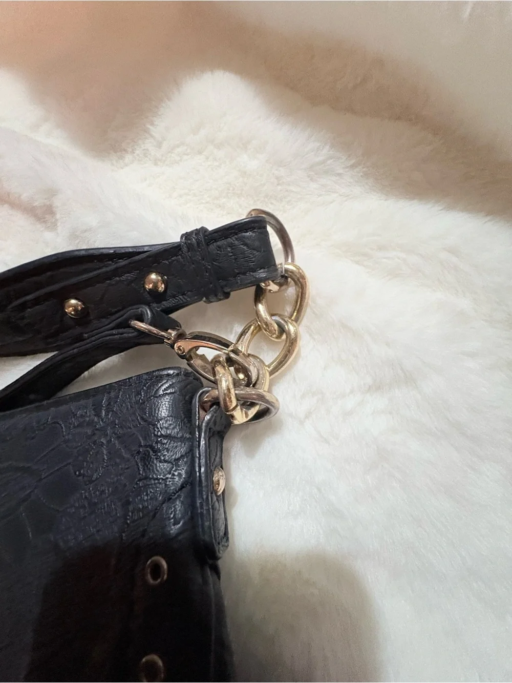Jessica Simpson Black Floral-Embossed Shoulder Bag with Gold Accents